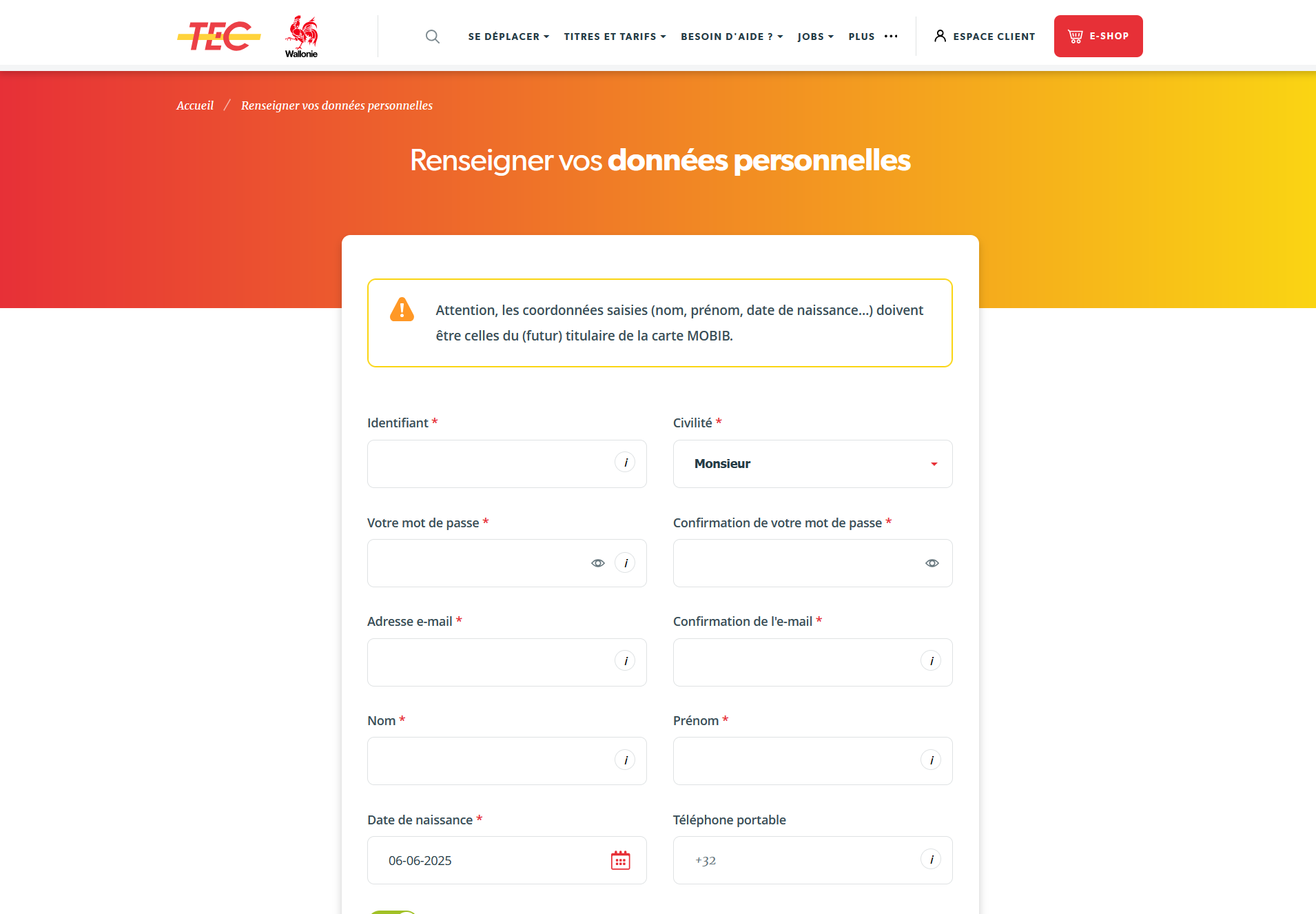 Formulaire d'inscription TEC